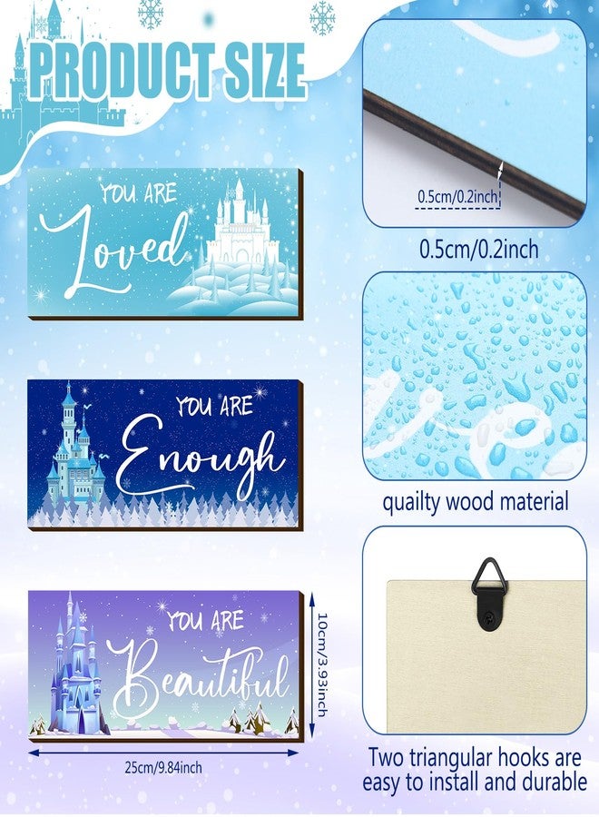 RattanView 3 Pcs Winter Wooden Hanging Wall Art Snowflake Positive Quotes Castle Wall Art Prints Blue Inspirational Word Sign Decors Gift for Bedroom Women Room Bathroom (9.84 x 3.94 Inch) - Image 2